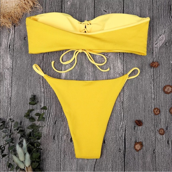 ❤️27.Ribbed lace up yellow bikini - Picture 4 of 6